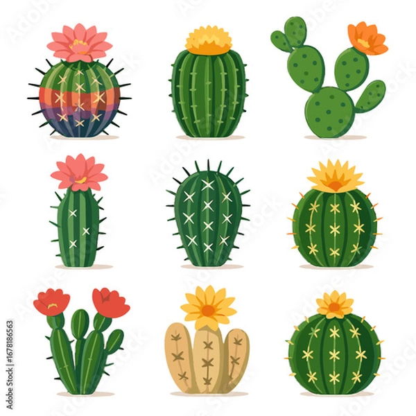Fototapeta Pink flowering hybrid icon desert cactus set hedgehog prickly vector golden