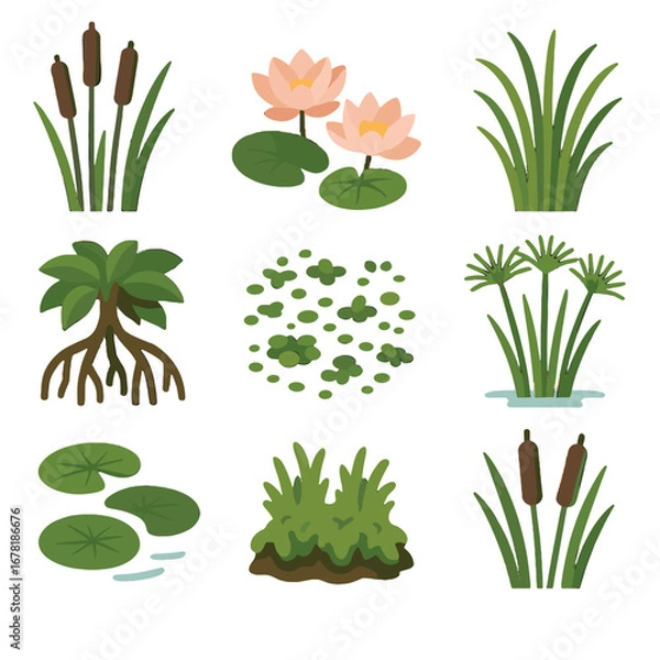 Fototapeta Icons patches icon vegetation blooms swamp grass lily stalks vector duckweed cattail