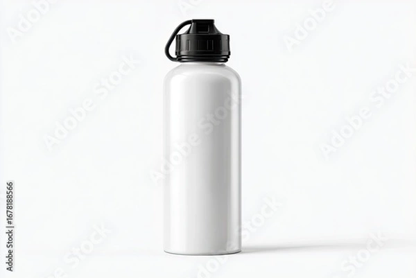 Fototapeta White metal water bottle with black cap.  Empty,  isolated on white background.  Sleek, modern design.  Simple, clean lines