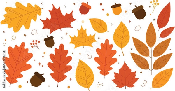 Fototapeta Beautiful autumn leaves and acorns create a warm fall vibe for your seasonal designs and creative projects