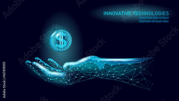 Obraz Polygonal hand holds dollar coin. Geometric arm presents currency digital finance art. Investment banking fintech stock trading business. Low poly blue dark vector illustration