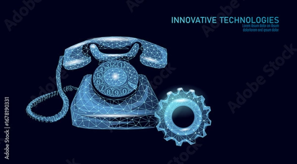 Obraz Retro telephone and gear illustration. Vintage phone communication mechanical cog low poly style. Business solutions technology connection networking. Blue color dark background wireframe vector