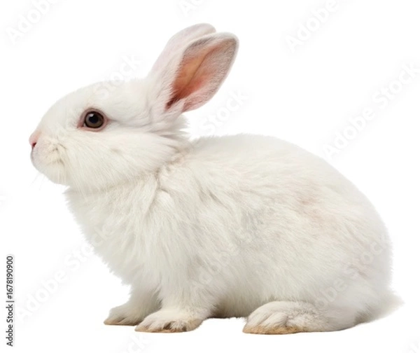 Fototapeta A small fluffy white pet rabbit isolated on a plain background
