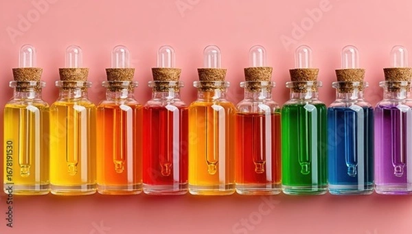 Obraz Row of small glass bottles with colorful liquids, dropper tops, and cork stoppers, on a pink background