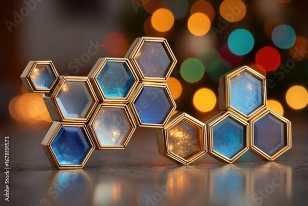 Obraz Gold-framed hexagonal crystals in varying shades of blue and amber, reflecting light against a blurred bokeh background of warm holiday lights