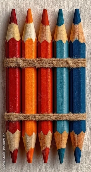 Obraz Close-up of five colored pencils bundled with twine