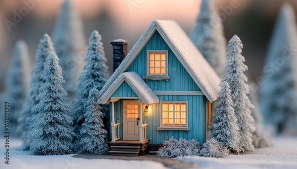 Obraz Miniature snow-covered chalet nestled in winter forest