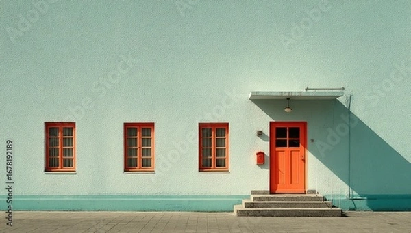 Obraz Light teal building with orange trim and door