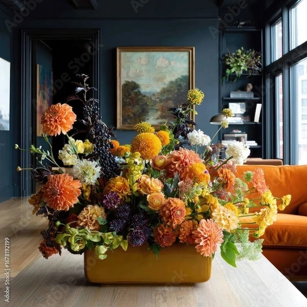 Obraz Vibrant fall arrangement in mustard-yellow box