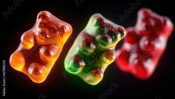 Obraz Three gummy bears, vibrant colors,  in motion