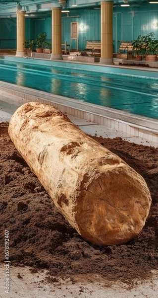 Obraz Large log in dark soil, pool background