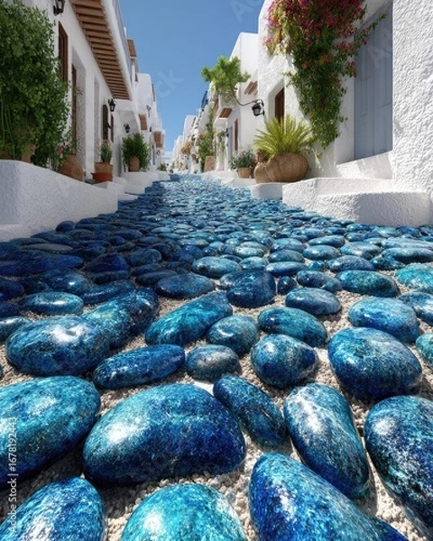 Obraz Whitewashed alley, blue stone path