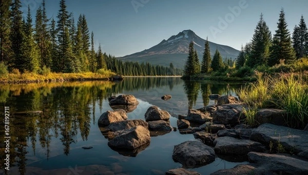 Obraz Serene mountain lake reflecting a snow-capped peak