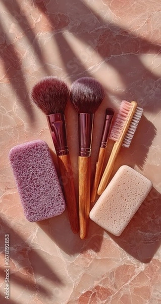 Obraz Makeup brushes and sponges arranged on a light peach surface, sunlit shadows