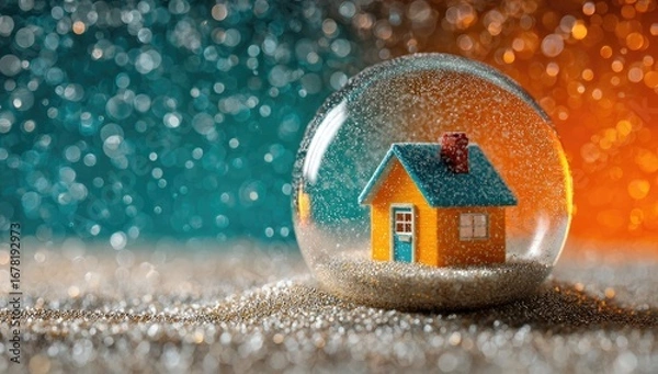 Obraz Miniature home in a snow globe, vibrant bokeh