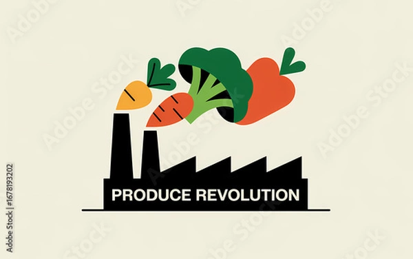Fototapeta Produce Revolution: Minimal Flat Art Factory Emitting Vegetables with Text