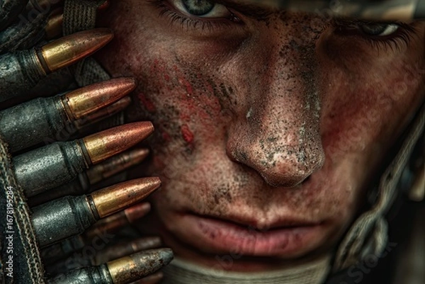 Obraz soldier loading ammunition dramatic close up