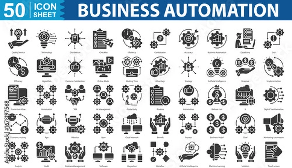 Fototapeta Business Automation Icon Set Collection Concept With Icon Of quality service, technology, distribution, checklist, efficiency, combination, accuracy, business automation, data entry, error, efficiency
