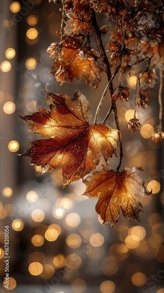 Obraz Frozen autumn leaves, bokeh background