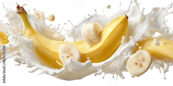 Obraz Ripe Bananas and Banana Slices Soaked in a Splash of Milk, PNG
