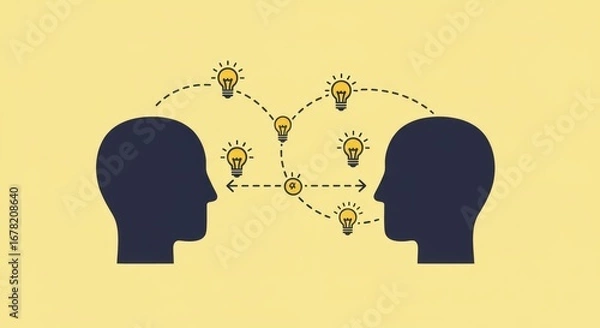 Fototapeta Silhouette heads exchange lightbulb-shaped ideas, connected by dotted lines, symbolizing communication & brainstorming