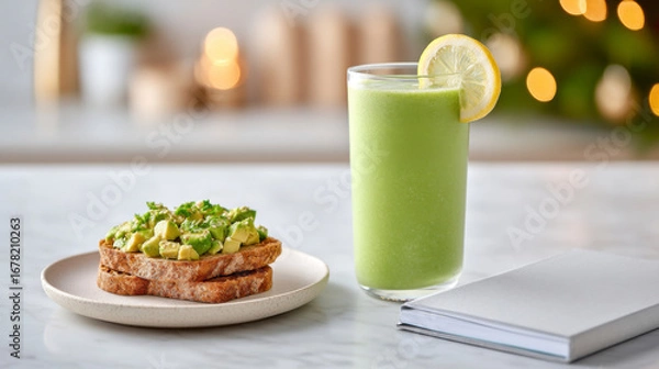 Fototapeta A healthy breakfast featuring avocado toast on whole grain bread and a refreshing green smoothie, set on a marble table with a notebook in the background.