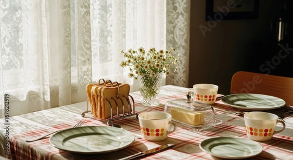 Fototapeta Vintage breakfast table in 1960s style with toast, butter dish, chamomile flowers, ceramic cups, retro plates, morning sunlight through lace curtains creating cozy nostalgic atmosphere in warm kitchen