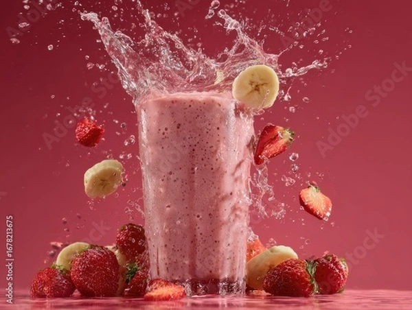 Obraz Pink smoothie splash with fruit