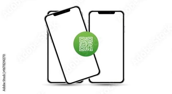 Fototapeta Three modern smartphones with blank screens, angled to the viewer, a green QR code in the center