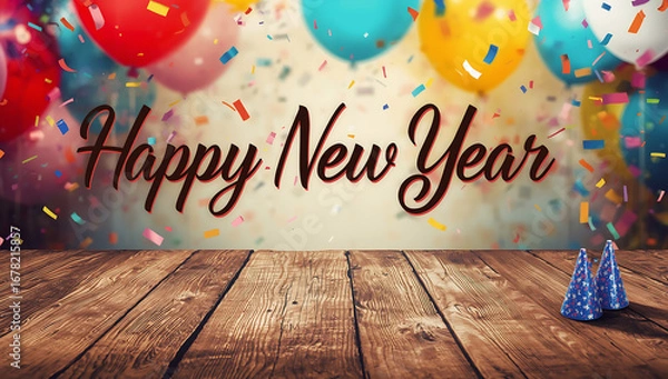Fototapeta  Happy new year message written in bold black ink on a rustic wooden table in 2026 with confetti and balloons in the background ai generative