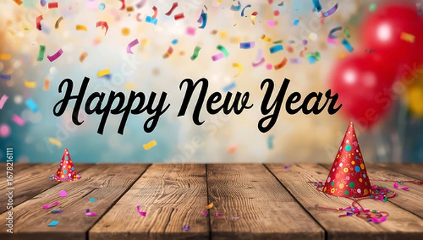 Fototapeta  Happy new year message written in bold black ink on a rustic wooden table in 2026 with confetti and balloons in the background ai generative