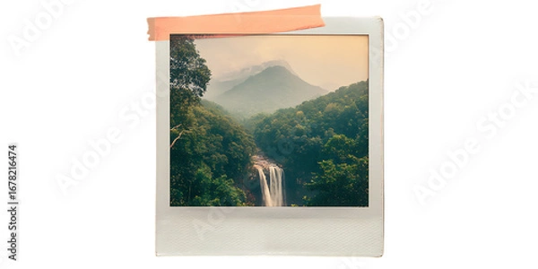 Fototapeta Scenic waterfall photo in a Polaroid frame.