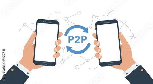 Fototapeta Two hands hold phones facing each other with a "P2P" symbol, representing direct data transfer. Abstract network lines