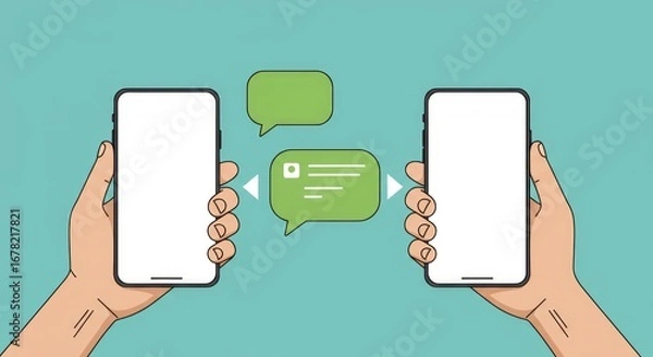 Fototapeta Two hands hold smartphones, with message bubbles floating between them. One bubble has lines. Clean background