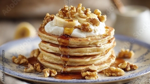 Obraz Stacked pancakes topped with yogurt, bananas, walnuts, and drizzle of syrup