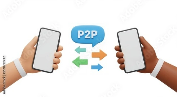Fototapeta Two hands, one light and one dark, holding phones with blank screens, arrows between them, blue speech bubble with P2P