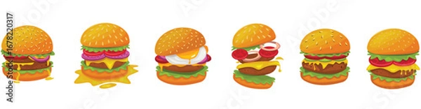 Fototapeta Burger vector set. Set of fast food illustration. Hamburger vector illustration. Fast Food Icons Set. Burger illustration. cheese burger illustration