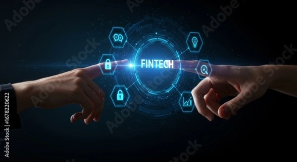 Fototapeta Two hands touch a digital interface displaying "Fintech", surrounded by icons. Blue futuristic design