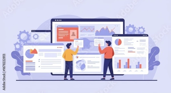 Fototapeta Two people interacting with data displays and graphs, suggesting data analysis and business strategy within a digital environment