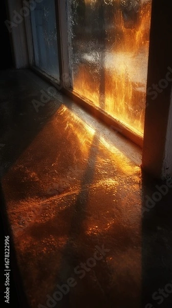 Obraz Golden sunset light streams through window, casting dramatic shadows on floor
