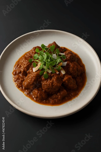 Obraz Gourmet Beef Rendang with Microgreens and Coconut Garnish
