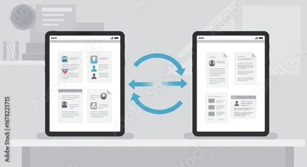 Fototapeta Two tablets display document sharing, with arrows indicating information exchange between the devices on a desk