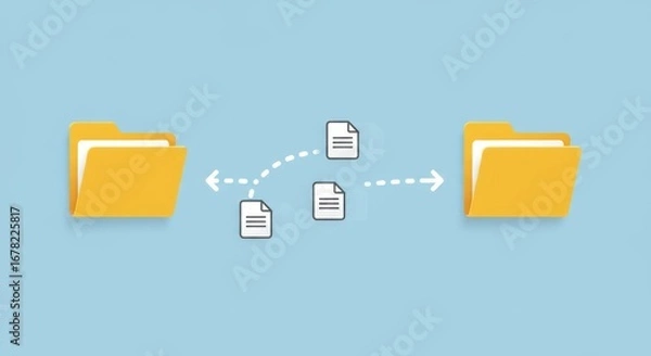 Fototapeta Two yellow file folders exchanging documents. A scattered three-document transfer shows the flow between them on a light blue background