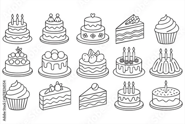 Fototapeta Cake and dessert doodle vector set with birthday cupcakes and slices
