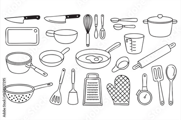 Fototapeta Kitchen utensils vector set with cookware and cooking tools illustration