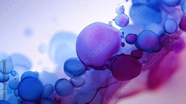 Fototapeta Macro photography of floating ink drops in creamy liquid with vibrant purple blue tones abstract artistic background