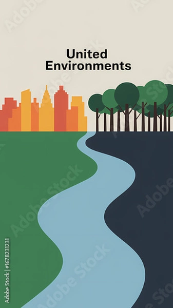 Fototapeta United Environments: Minimal Flat Art City, Forest, and Connecting River with Text Message