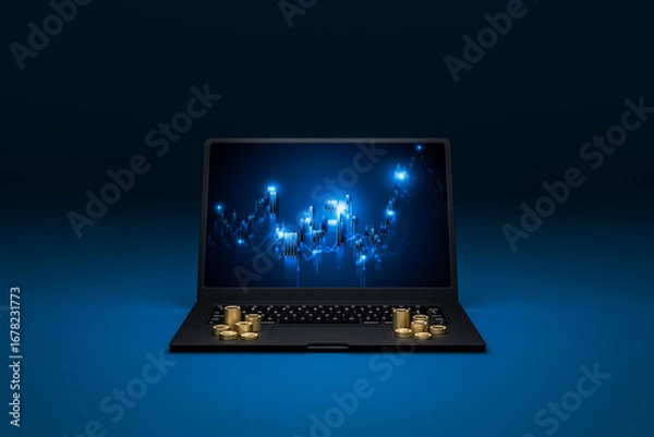Fototapeta stock charts on laptop screens represent finance and coin stack represent finance.