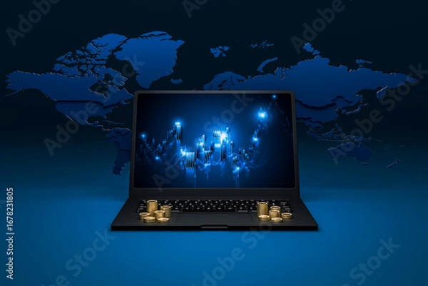 Fototapeta stock charts on laptop screens represent finance and coin stack represent finance.
