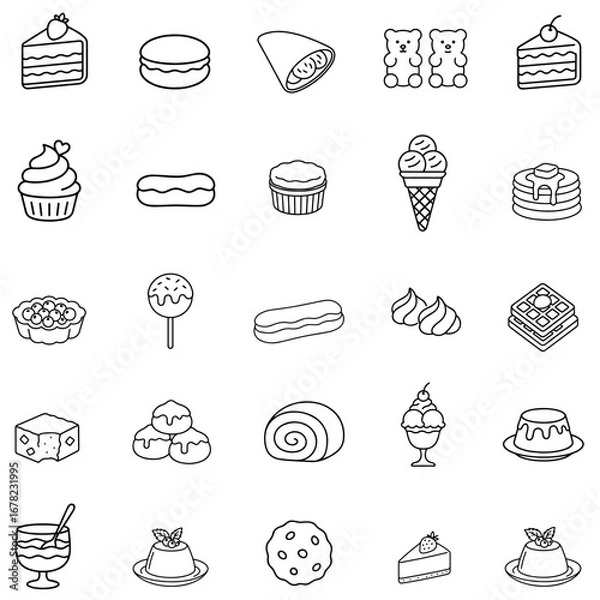 Fototapeta Set of bakery icons, such as cake, doughnut, bread, cheese, pie, tart